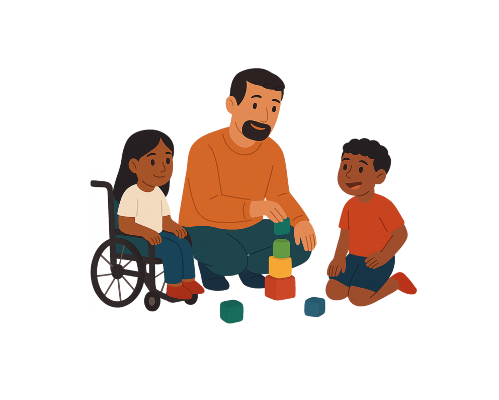 Eine erwachsene Person spielt mit zwei Kindern