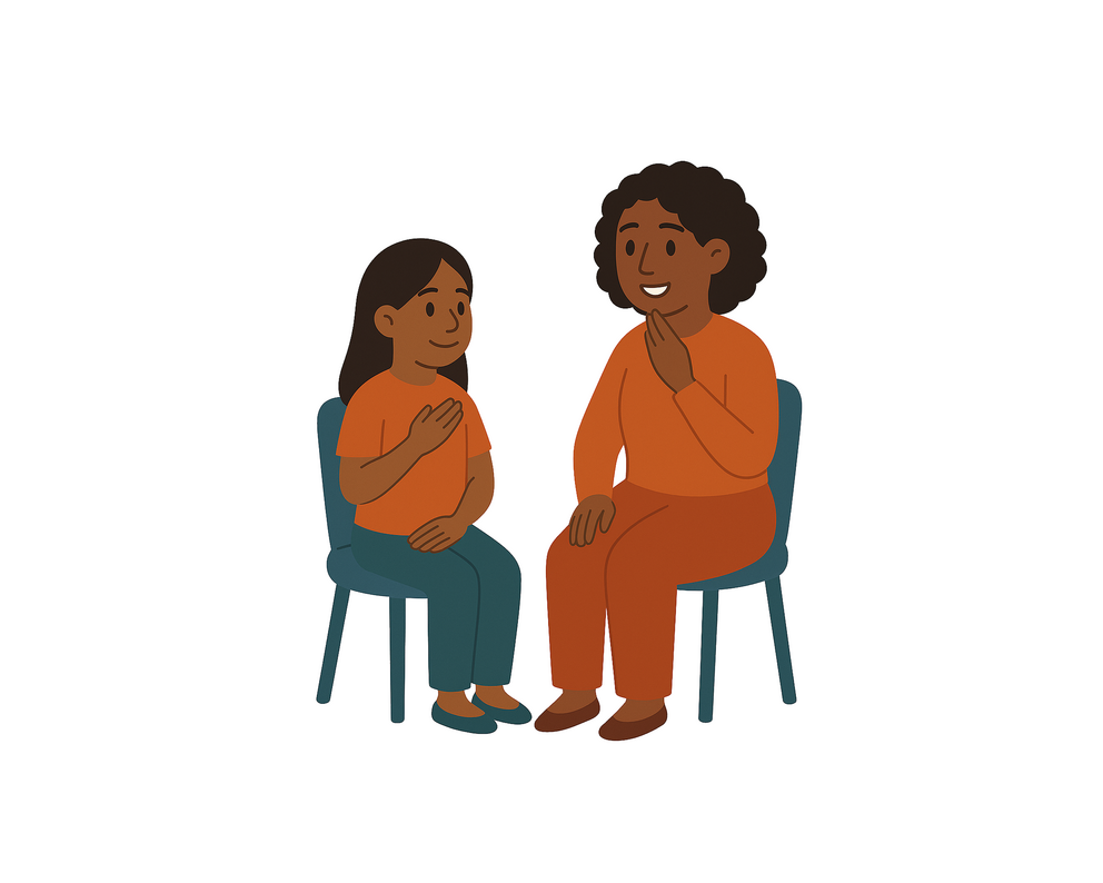 Beratungssituation zweier Personen die in Gebärdensprache miteinander kommunizieren